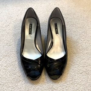 Black leather peep toe Nine West wedges